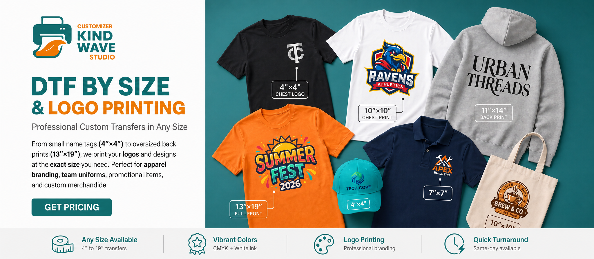 Kind Wave Studio — DTF by Size, professional custom transfers and logo printing in any size