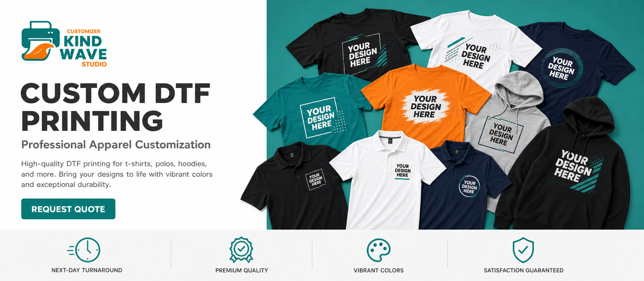 Kind Wave Studio custom printing services — polos, t-shirts, mugs, hats and accessories
